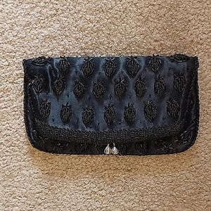 Vintage Black Satin and Beaded Fold Over Clutch